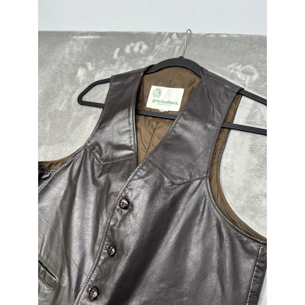 Vintage Gino Leathers Vest Mens Medium Brown Button Biker Western Moto 90s Y2K